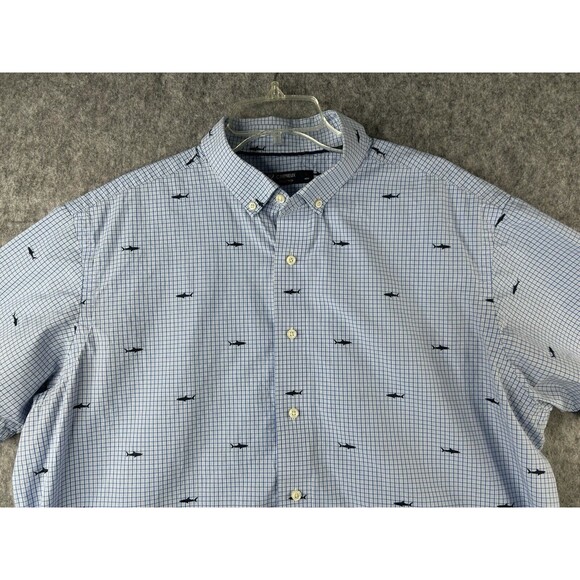 Daniel Cremieux Mens XL Shirt Blue White Plaid Button Up Short Sleeve Shark Fish - Picture 2 of 8